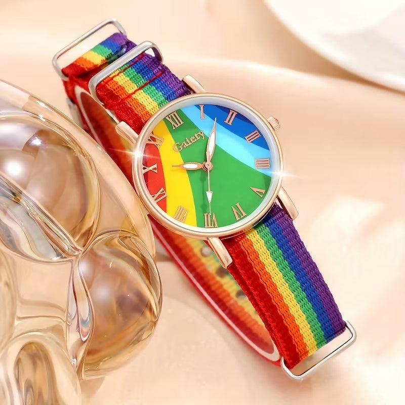 Montre pour femme à quartz, style bohème, arc-en-ciel