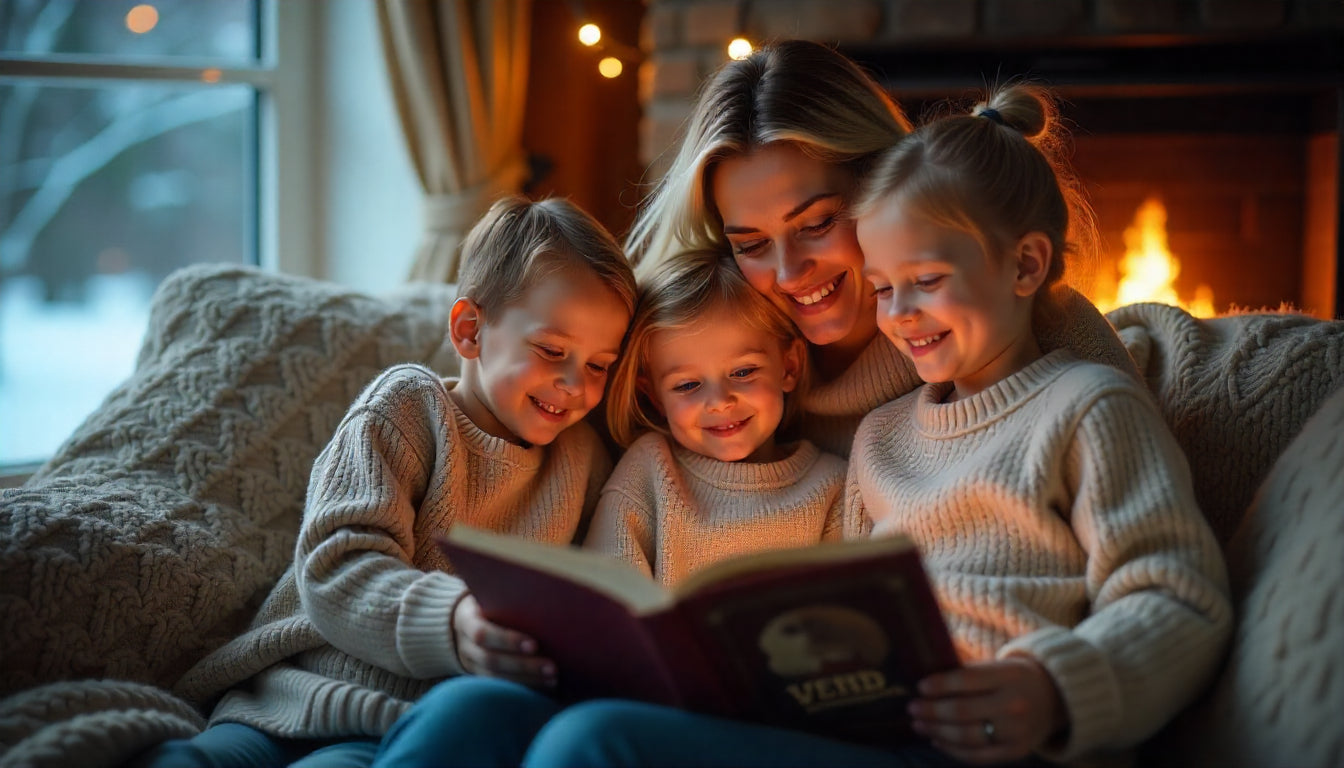 Famille lisant un livre sur un divan